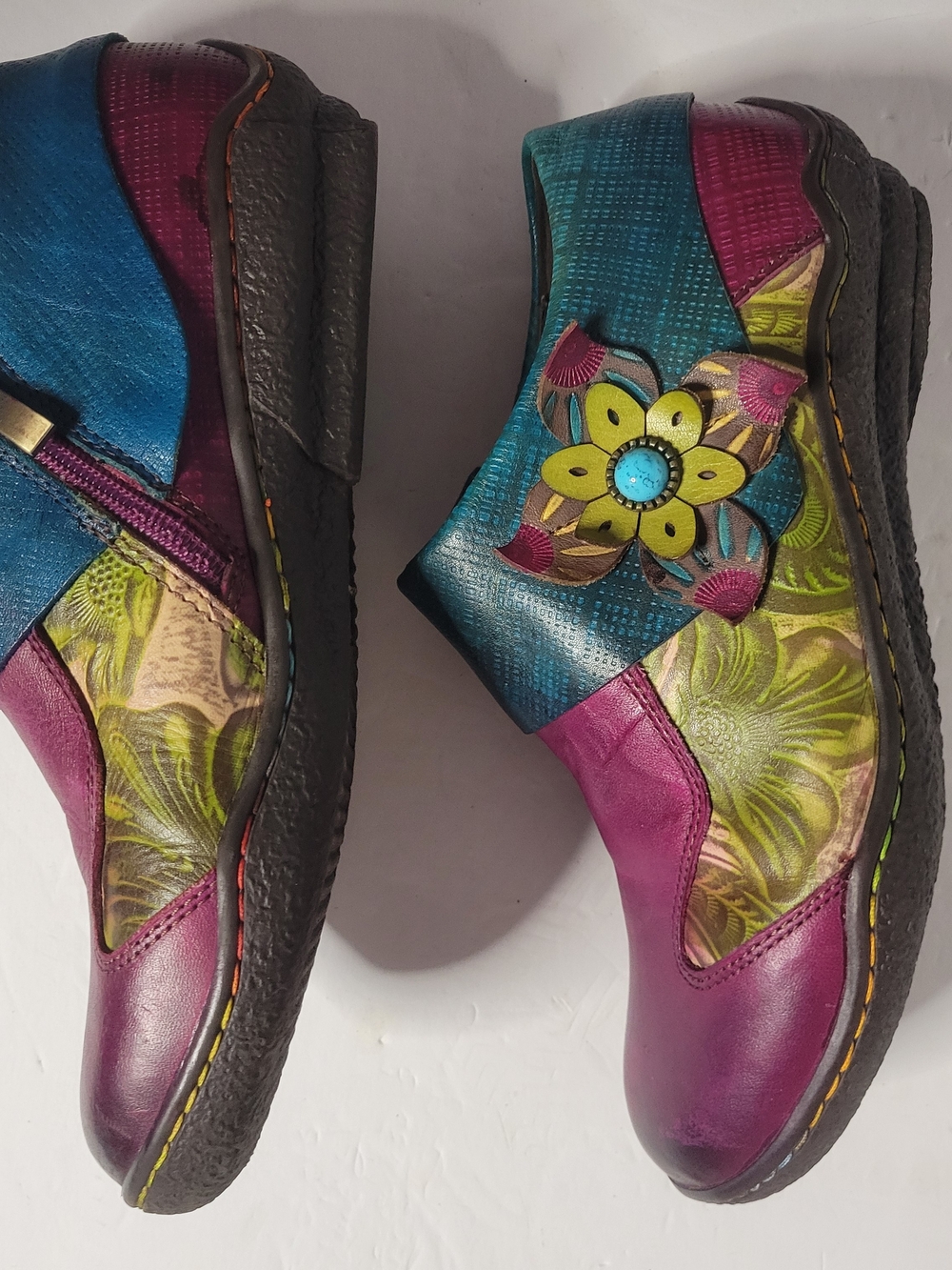 SoCofy Hand Painted Leather Ankle Shoes Women's EU 39 US 8 Purple Teal Floral